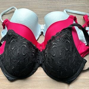 3 bras black lace, red and powder blue